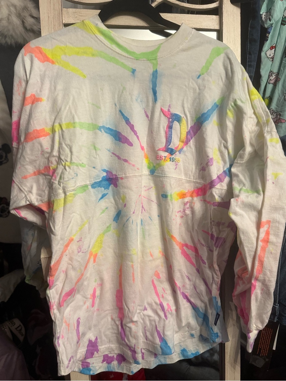 Disney White Long Sleeve Tie-Dye Top with Neon Rainbow Splashes